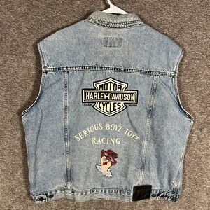 Vintage Harley Davidson TAZMANIAN DEVIL Denim Vest Serious‎ Boyz Toyz Racing XL